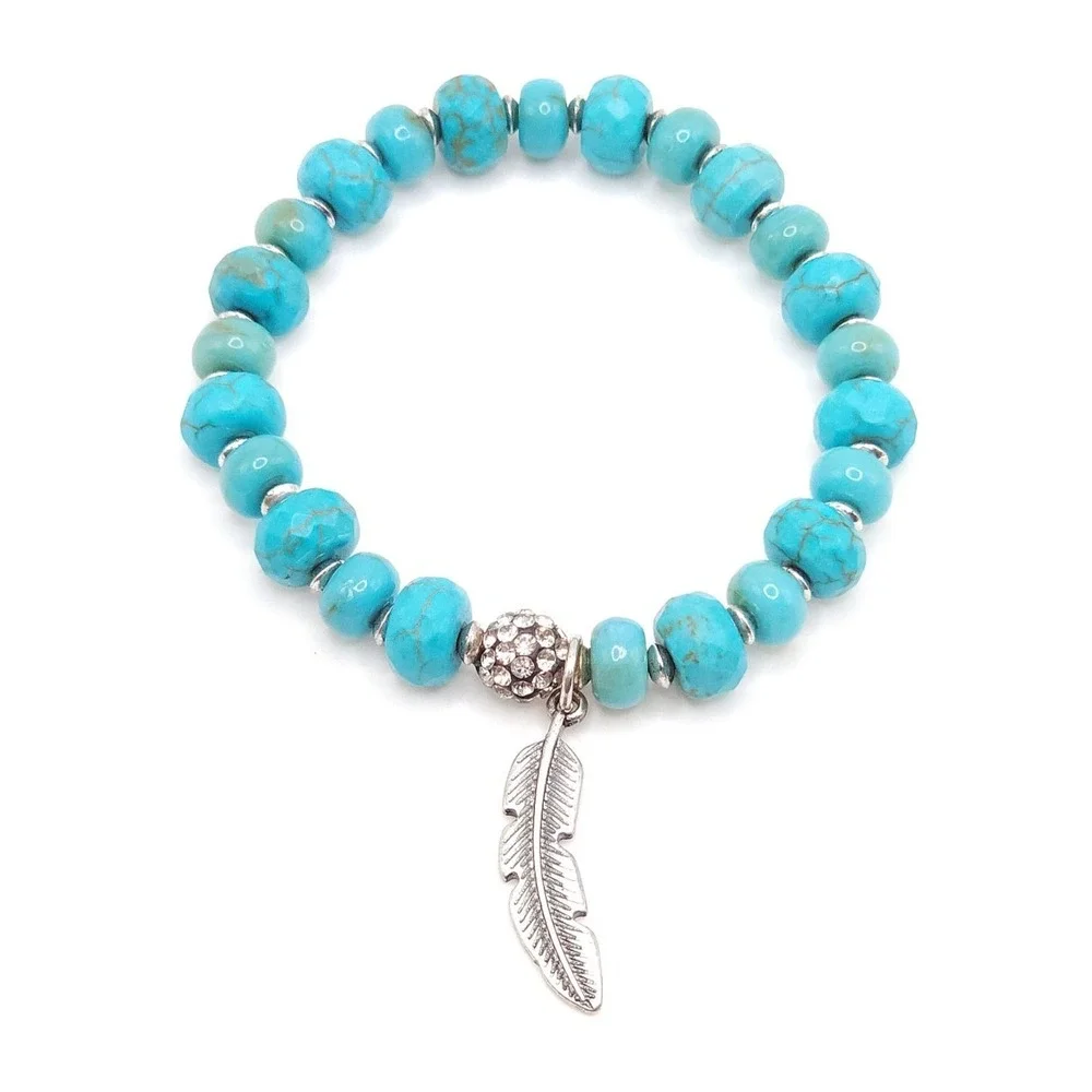Turquoise Dyed Howlite Stretch Bracelet Silver Feather Charm Boho